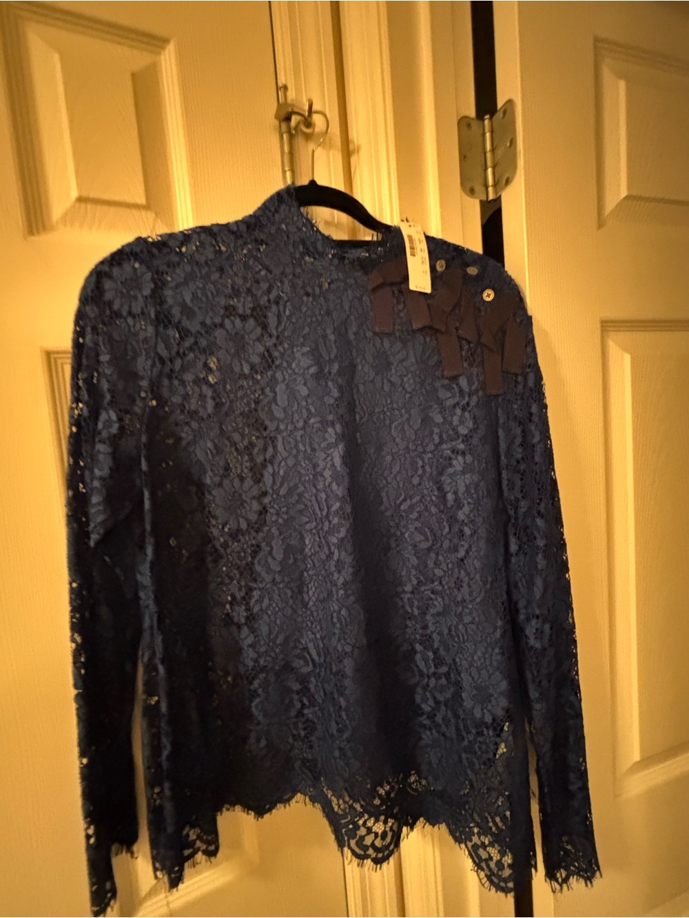 J. Crew Navy Lace Long-Sleeve Top with Shoulder Bow Detail